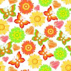 Seamless floral pattern with butterflies and hearts