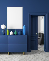 Classic, modern, scandinavian style dark-blue color interior mock up. 3d render illustration. - obrazy, fototapety, plakaty