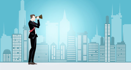 Obraz premium Businessmen in the City looking with the telescope for opportunity. Business concept illustration