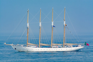 Traditional Tallship Sailing Against Sea and Sky