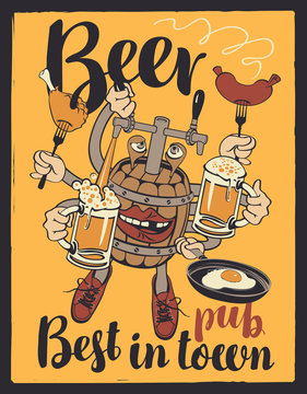 Vector banner with inscriptions Beer pub, Best beer in town. Illustration in a flat style with a fun beer monster in the form of a barrel which holds the glasses with beer and various food