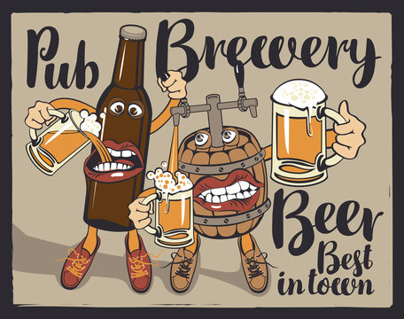 Vector banner with inscriptions pub, brewery, beer, best in the town. Illustration in a flat style with a cheerful beer bottle and barrel, which hold the glasses with beer