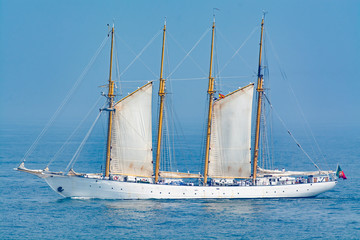 Old Traditional Yatch Sailing Against Sea and Sky