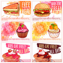 Six different kids discount coupons for fast-food or dessert.