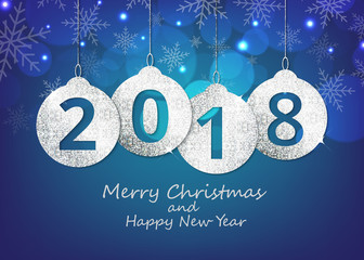 Merry Christmas and happy new year hanging 2018 number glitter balls on shiny blue background.