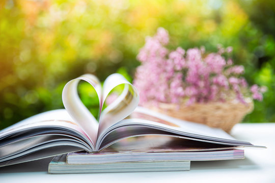 Book with heart shape of paper and there are dry flowers and nature background