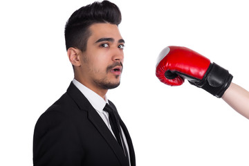 Businessman in suit gets hit, business agression