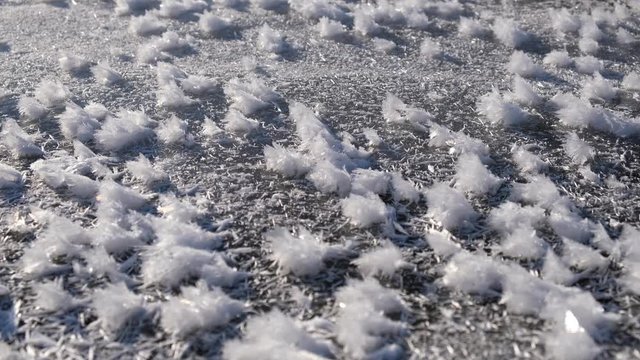 Crystals of hoarfrost growing on surface of ice