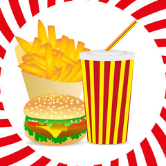 Picture of a glass of beverage, burger and French fries on a striped background