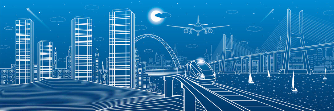 Infrastructure and transport panorama. Train move on railway. Airplane fly. Big cable-stayed bridge. Modern night city, towers and skyscrapers. Yachts on the water. White lines. Vector design art
