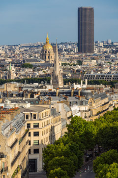 Paris rooftops in summer with view on the Invalides and Montparnasse Tower. Paris, France