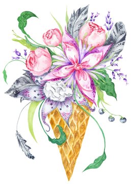 Watercolor Illustration with Flowers in Waffle Cup