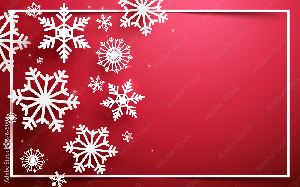 Poster merry christmas and happy new year. abstract snowflakes with white frame on red background