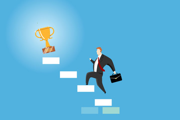 Businessman Walking Up Stairs to get award trophy. business concept illustration