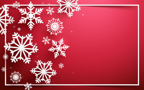 Merry Christmas and Happy new year. Abstract snowflakes with white frame on red background