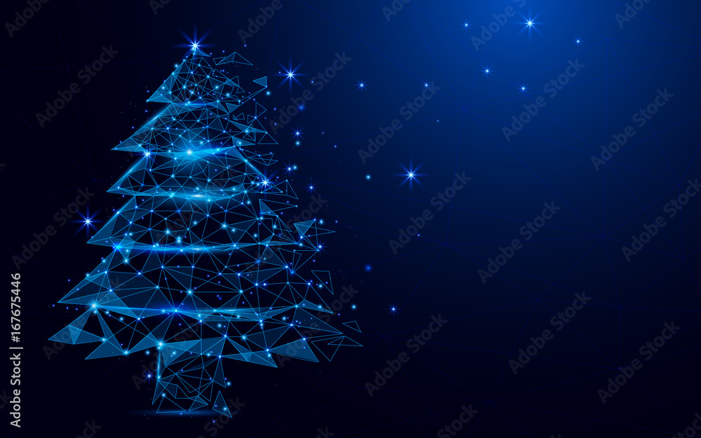 Aufkleber wireframe a christmas tree sign mesh from a starry on blue background