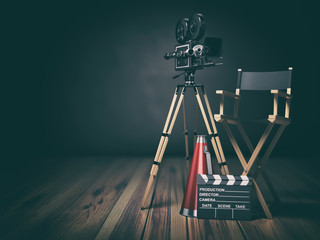 Video, movie, cinema concept. Retro camera, clapperboard and director chair. 3d - obrazy, fototapety, plakaty