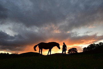 Horse and owner silhouetted against sunset.