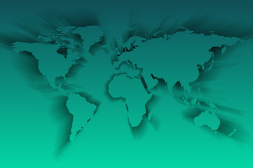 Green world map with long shadow on dark green background