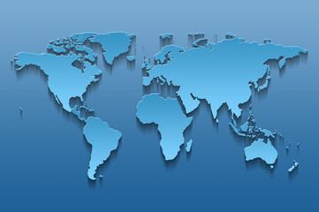 3D world map on gradient blue background with long shadow