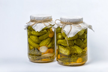 marinated cucumbers on a white background