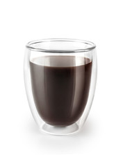 Double wall glass cup with coffee isolated on white background.