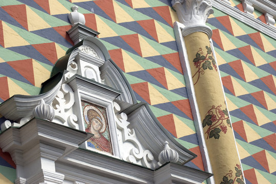 Church facade in Trinity Sergius Lavra, Sergiyev Posad, Russia. Popular landmark. Color photo.