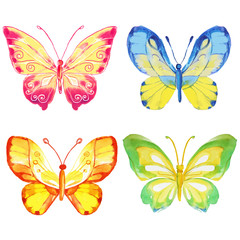 Fototapeta na wymiar Set of 4 watercolor butterflies on a white background