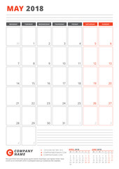 Calendar Template for May 2018. Business Planner 2018 Template. Stationery Design. Week starts on Monday. Vector Illustration