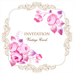 Beautiful frame with pink roses in vintage style on a white background. For wedding cards, invitations