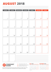 Calendar Template for August 2018. Business Planner 2018 Template. Stationery Design. Week starts on Monday. Vector Illustration