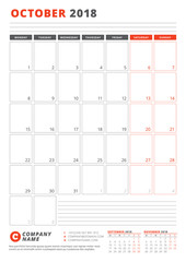 Calendar Template for October 2018. Business Planner 2018 Template. Stationery Design. Week starts on Monday. Vector Illustration