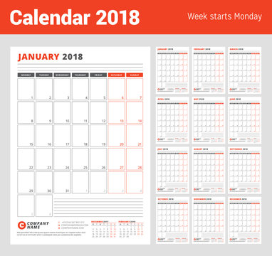 Calendar Template for 2018 Year. Business Planner 2018 Template. Stationery Design. Week starts on Monday. Set of 12 Months. Vector Illustration