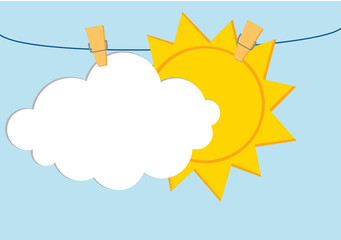 White clouds and sun hang on a rope with clothespins. Vector.