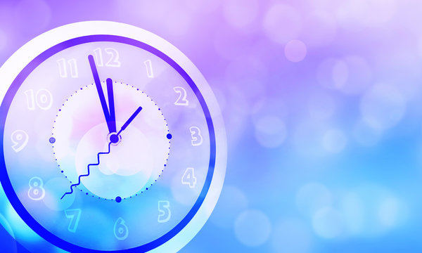 Colorful abstract bokeh blur background with clock almost to midnight.