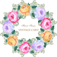 Vintage card with a round wreath of roses