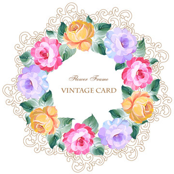 Vintage Greeting Card with Blooming Flowers . With Place for Your Text. Roses, Wildflowers
