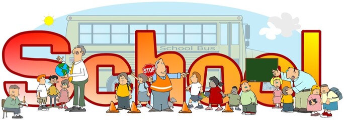 Illustration of the word School with depictions of bus, teachers and students.