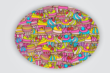 Cupcake cartoon doodle design. Cute background concept for birthday or party greeting card,  advertisement, banner, flyer, brochure. Hand drawn vector illustration. 