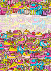Cupcake cartoon doodle design. Cute background concept for birthday or party greeting card,  advertisement, banner, flyer, brochure. Hand drawn vector illustration. 