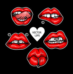 Set of red lips with piercings. Fashion patch badges with sexy lips.