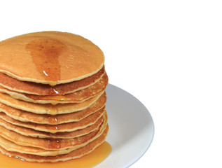Closed up stack of fresh made pancakes with maple syrup served on white plate, white background with free space for text and design 