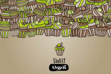 Cupcake cartoon doodle design. Cute background concept for birthday or party greeting card,  advertisement, banner, flyer, brochure. Hand drawn vector illustration.  Green and brown color.