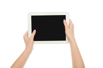 Woman's hands holding digital tablet, crop, cut out