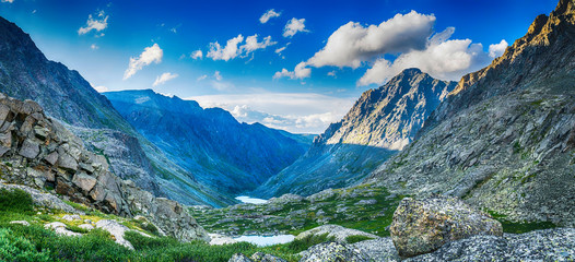 mountain range with valley, mountain lakes and river during sunset, national park in Altai republic, Siberia, Russia - obrazy, fototapety, plakaty