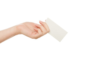 Fototapeta premium Female hand holding blank card for text message, crop, cut out