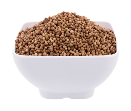 coriander seeds in bowl on white background