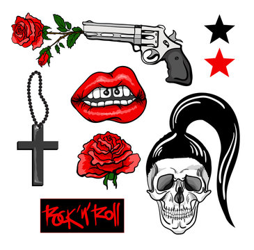 Fashion patch badges with lips, skull,cross, rose, gun and other elements. Vector illustration. Set of stickers, pins, patches in rock’n’roll style.