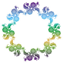 Gradient round frame with flowers. Copy space. Design element for your artwork. Raster clip art.
