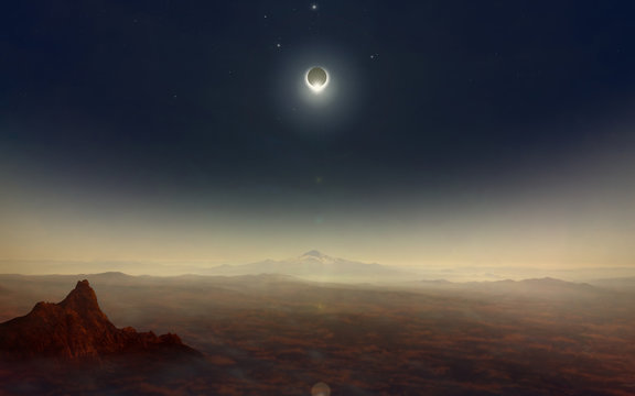 Fototapeta Total solar eclipse in dark sky with stars